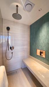 a shower in a bathroom with a green wall at Red Rock Resort Mongolia in Yoliin Hural +31 photos
