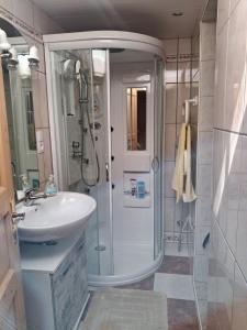 a bathroom with a shower and a sink at Haus Marlies in Spielberg +5 photos