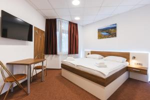 a bedroom with a bed and a desk and a television at Pension Union in Bled