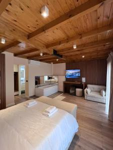 a large bedroom with a large bed and a flat screen tv at Hotel Vila Ami in Tragjas