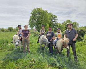 a group of people standing in a field with ponies at Ingerichte safaritent in Saint-Priest-en-Murat