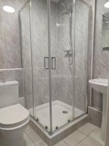 a bathroom with a shower with a toilet and a sink at The Paddington House in Warrington