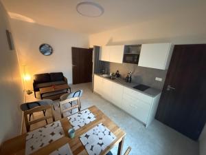 a kitchen and a living room with a table and chairs at Hajkova Apartment in Jáma František