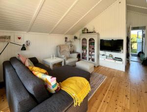 a living room with a couch and a tv at Summer House With Authentic Charm On Enø in Karrebæksminde +21 photos