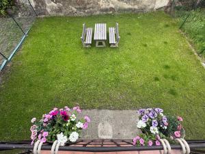 two chairs and a table and flowers in a yard at Hajkova Apartment in Jáma František