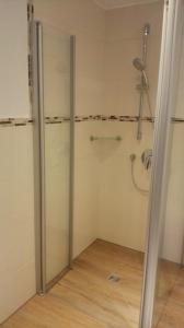 a shower with a glass door in a bathroom at Berghof Moar in Unterwössen