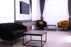 a living room with two chairs and a tv at Rhein Suites in Eiken