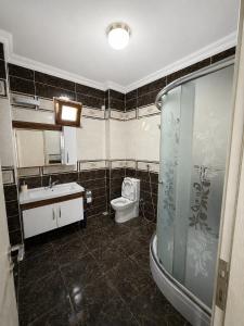 a bathroom with a toilet and a sink and a shower at Rize Akarsu Apart in Rize +14 photos