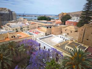 a view of a city with purple flowers at Vivienda Bendicho- CATEDRAL in Almería