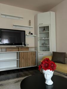 a living room with a vase with red flowers on a table at Central apartment 4 in Gnjilane