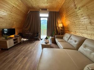 a living room with a couch and a table and a television at Chalet Adjara in Okʼropilauri