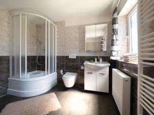 a bathroom with a sink and a shower and a toilet at Chalupa Domovina in Jiřetín pod Jedlovou +21 photos