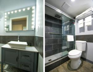 two pictures of a bathroom with a toilet and a sink at Marshall Lodge By OYO Hwy 65 in Marshall +18 photos