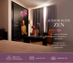 ein Poster für ein Hotelzimmer mit Bett und Tisch in der Unterkunft Hotel Albaida Nature in Mazagón + 125 Fotos