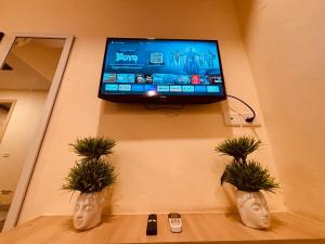 a flat screen tv on a wall with two potted plants at THE CITYLIGHTS STAY Gaur City Mall in Ghaziabad
