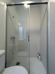 a bathroom with a glass shower with a toilet at Apartamento Manuel Cue en el centro de Llanes in Llanes +18 photos
