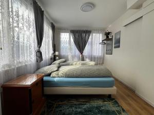 a small bedroom with a bed and a window at Studio apartment - Park view - for 2 guests in Thun