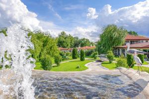 a water fountain in the middle of a yard at Yaev Family Hotel in Karlovo