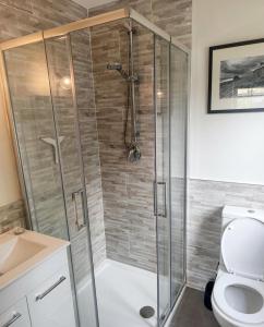 a bathroom with a shower and a toilet at Radharc Sléibhe in Kilgarvan