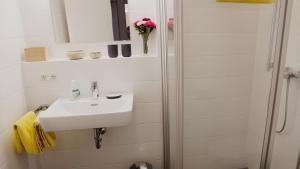 a white bathroom with a sink and a shower at Terrasse im Ammergau - Bad Kohlgrub in Bad Kohlgrub +18 photos