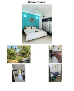 a collage of photos of a bedroom and a deluxe room at Aurevia Stays - 400m from beach in Calangute