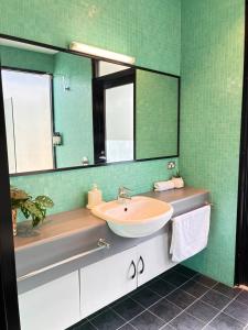 a bathroom with a sink and a mirror at Esperance Waterfront Apartment in Esperance