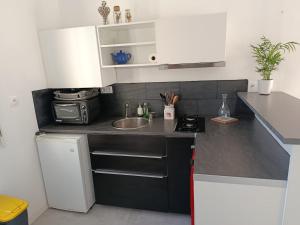 a kitchen with a sink and a microwave at Studio cosy entre terre et mer in Saint-Alban