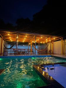 a swimming pool at night with lights in the water at Casa Paraíso de Alter in Santarém