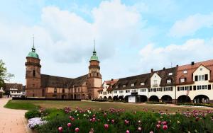 a large building with two towers and a field of flowers at Moe by Limehome in Freudenstadt