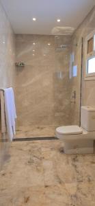 a bathroom with a toilet and a glass shower at Nakhil Pyramids Resort in Cairo