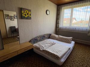 a bedroom with a bed and a table and a window at Villa Margot in Schrems