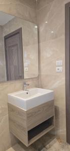 a bathroom with a white sink and a mirror at Nakhil Pyramids Resort in Cairo