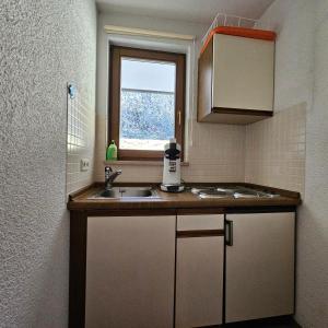 a small kitchen with a sink and a window at FeWo Schwarzwaldglück Todtmoos mit Sauna, Tischtennis, Fitness, Stellplätzen in Todtmoos +12 photos