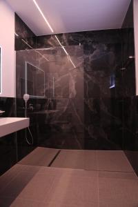 a bathroom with a shower with black tiles at Rhein Suites in Eiken