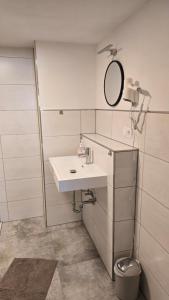 a bathroom with a white sink and a mirror at Relax House in Dommitzsch +9 photos