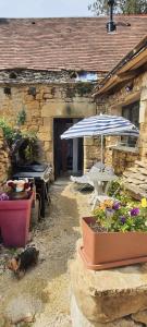 a patio with an umbrella and a table and flowers at La cazelle, dependance du 18 siecle, jacuzzi in Carsac-Aillac
