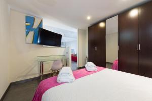 1 dormitorio con 1 cama grande y TV en la pared en Suites Garden Loft Velázquez, en Las Palmas de Gran Canaria