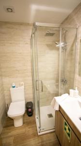 a bathroom with a shower and a toilet and a sink at A Casa do Penedo - Arcos de Valdevez in Arcos de Valdevez