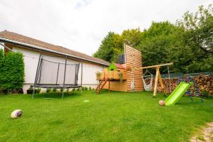 a yard with a playground and a house at Cabana la Flo in Sohodol