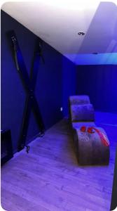 a bedroom with a bed in a blue room at Love room in La Celle-sous-Gouzon +4 photos