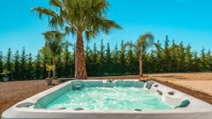 a hot tub in a yard with palm trees at Villa Paradise - Moradia tranquila com piscina aquecível e BBQ - Albufeira in Lagoa