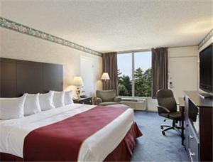 a hotel room with a large bed and a television at Ramada by Wyndham Grayling Hotel & Conference Center in Grayling