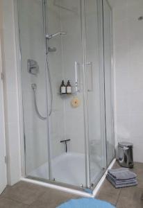 a shower with a glass enclosure in a bathroom at Apartment Bruneck Central in Brunico