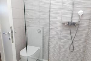 a bathroom with a toilet and a glass shower at Sea View apartment 50 m from St Rok Beach in Pučišća +11 photos