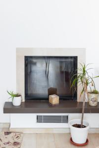 a living room with a fireplace with two potted plants at La casa del sole in Conca dei Marini