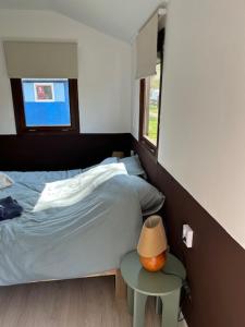 a bedroom with a bed and a table with a lamp at De oude stal in Sleen