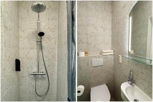 a bathroom with a shower with a toilet and a sink at Stationbeds Studio-2 Alkmaar in Alkmaar +3 photos