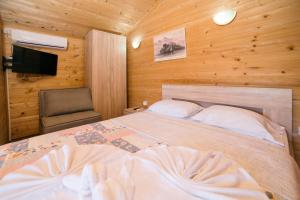 a bedroom with a bed and a chair and a television at Safari Beach & Camping in Donji Štoj