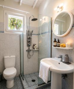 a bathroom with a shower and a toilet and a sink at Physis Oikos Beachfront Apartments in Skiathos