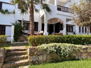 a house with a palm tree and a retaining wall at Cabo garden in Cabo Negro